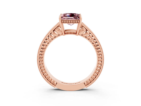 Rose gold Princess Cut Morganite Ring with Milgrain Pavé Band and Four-Prong Setting