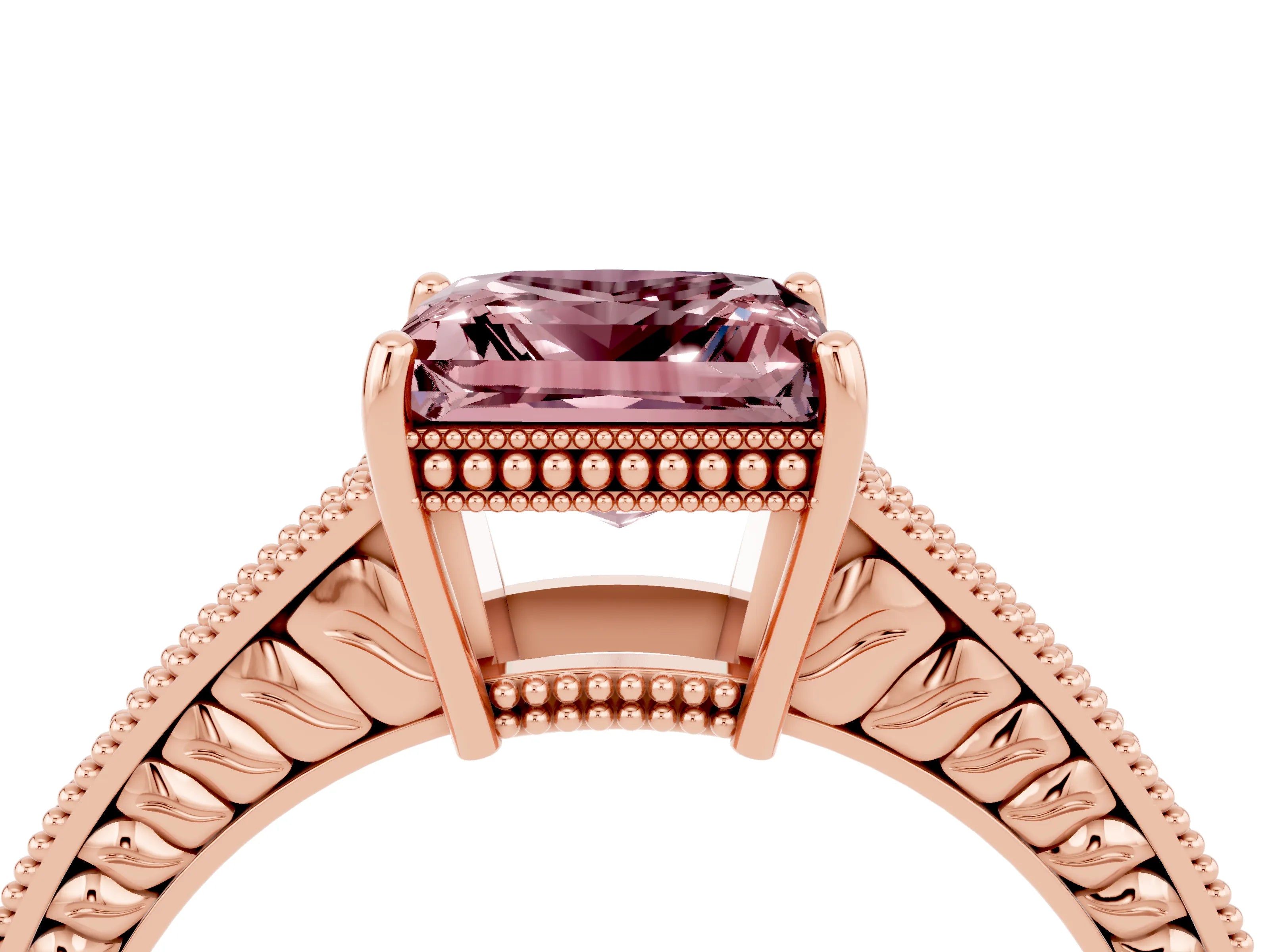 Rose gold Princess Cut Morganite Ring with Milgrain Pavé Band and Four-Prong Setting_16