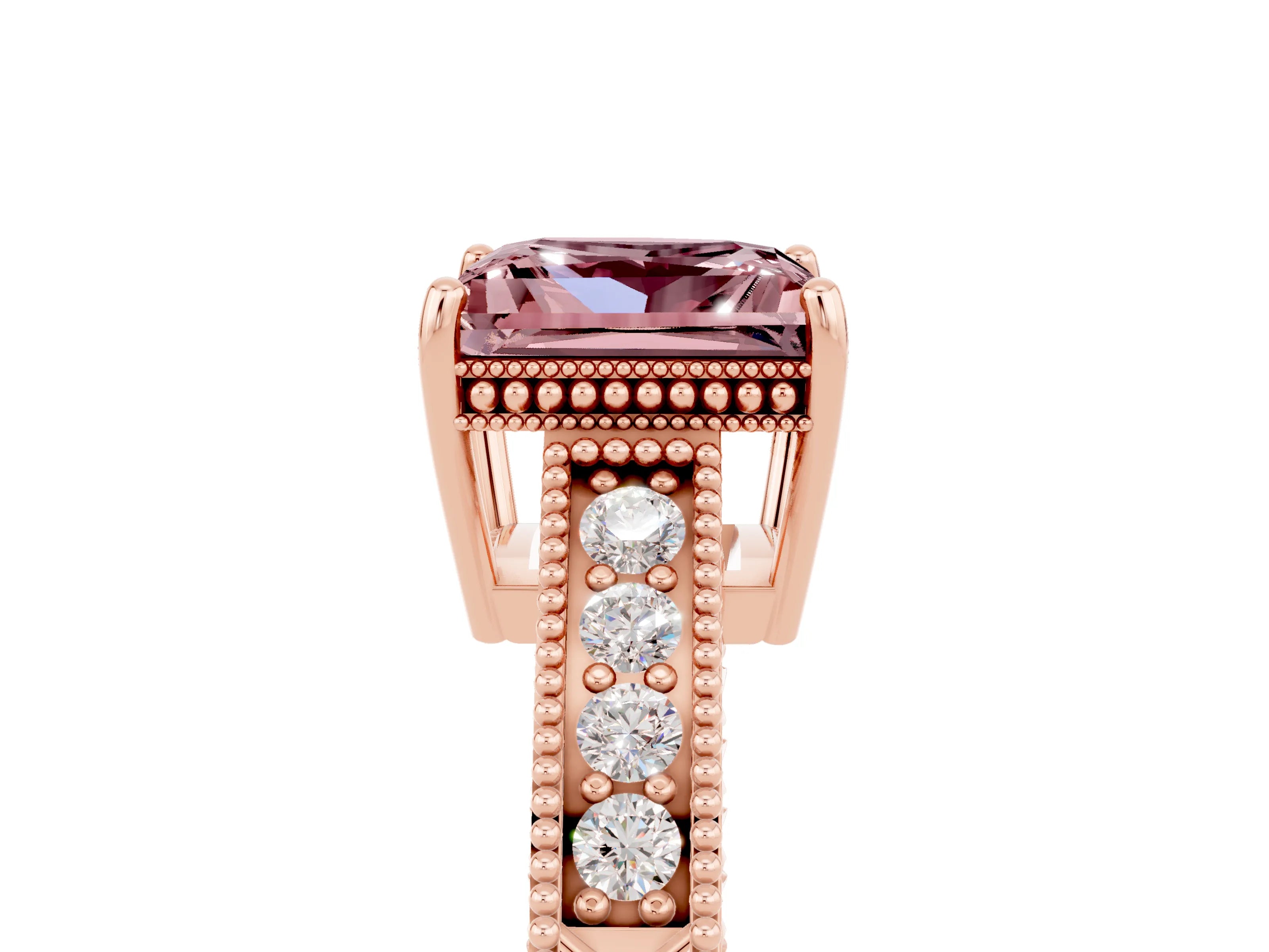 Rose gold Princess Cut Morganite Ring with Milgrain Pavé Band and Four-Prong Setting_17