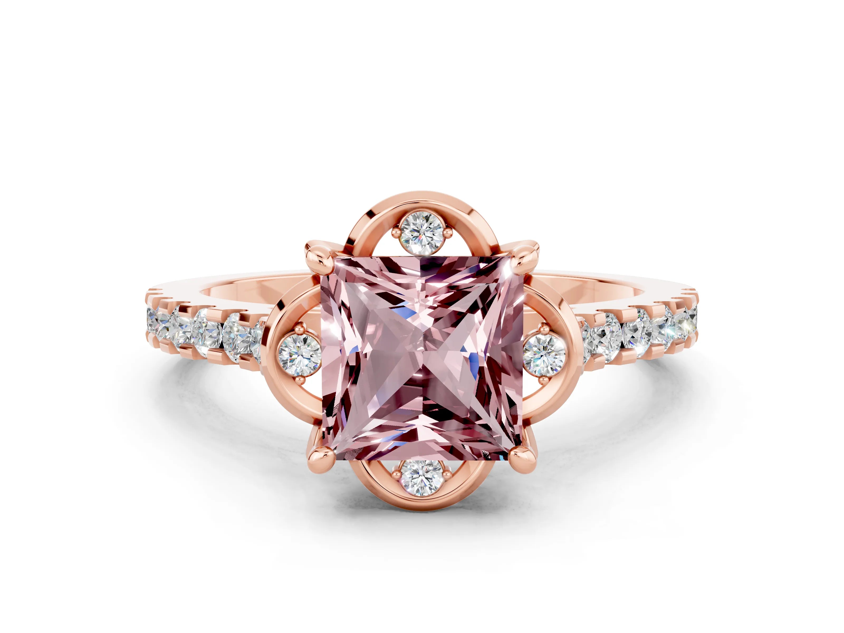 Rose gold Princess Cut Morganite Ring with Pavé Band and Floral Prong Setting