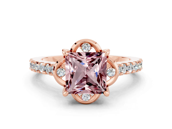 Rose gold Princess Cut Morganite Ring with Pavé Band and Floral Prong Setting