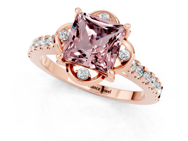Rose gold Princess Cut Morganite Ring with Pavé Band and Floral Prong Setting