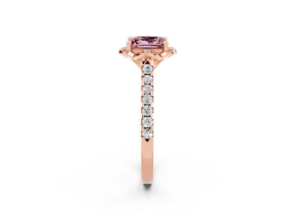 Rose gold Princess Cut Morganite Ring with Pavé Band and Floral Prong Setting