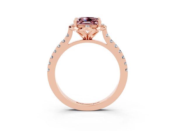 Rose gold Princess Cut Morganite Ring with Pavé Band and Floral Prong Setting