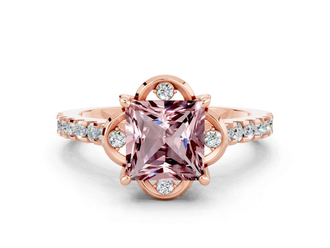 Rose gold Princess Cut Morganite Ring with Pavé Band and Floral Prong Setting