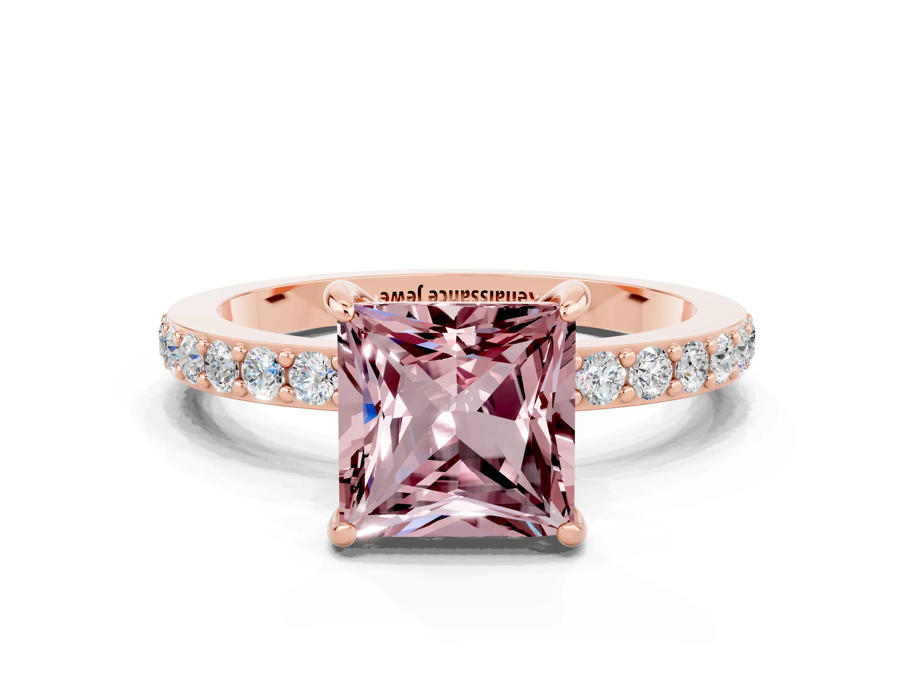 Rose gold Princess Cut Morganite Ring with Pavé Band and Four-Prong Setting
