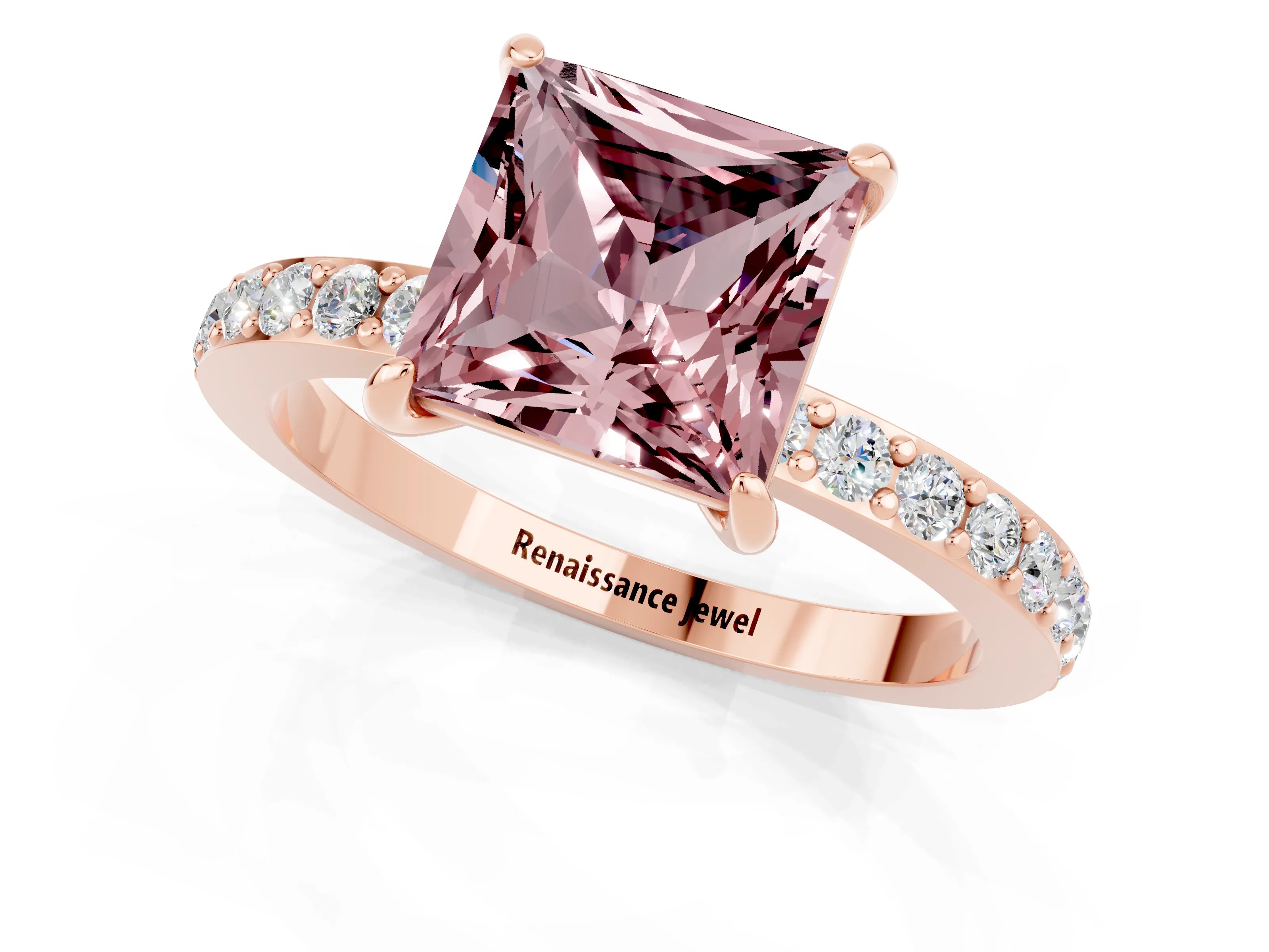 Rose gold Princess Cut Morganite Ring with Pavé Band and Four-Prong Setting_1
