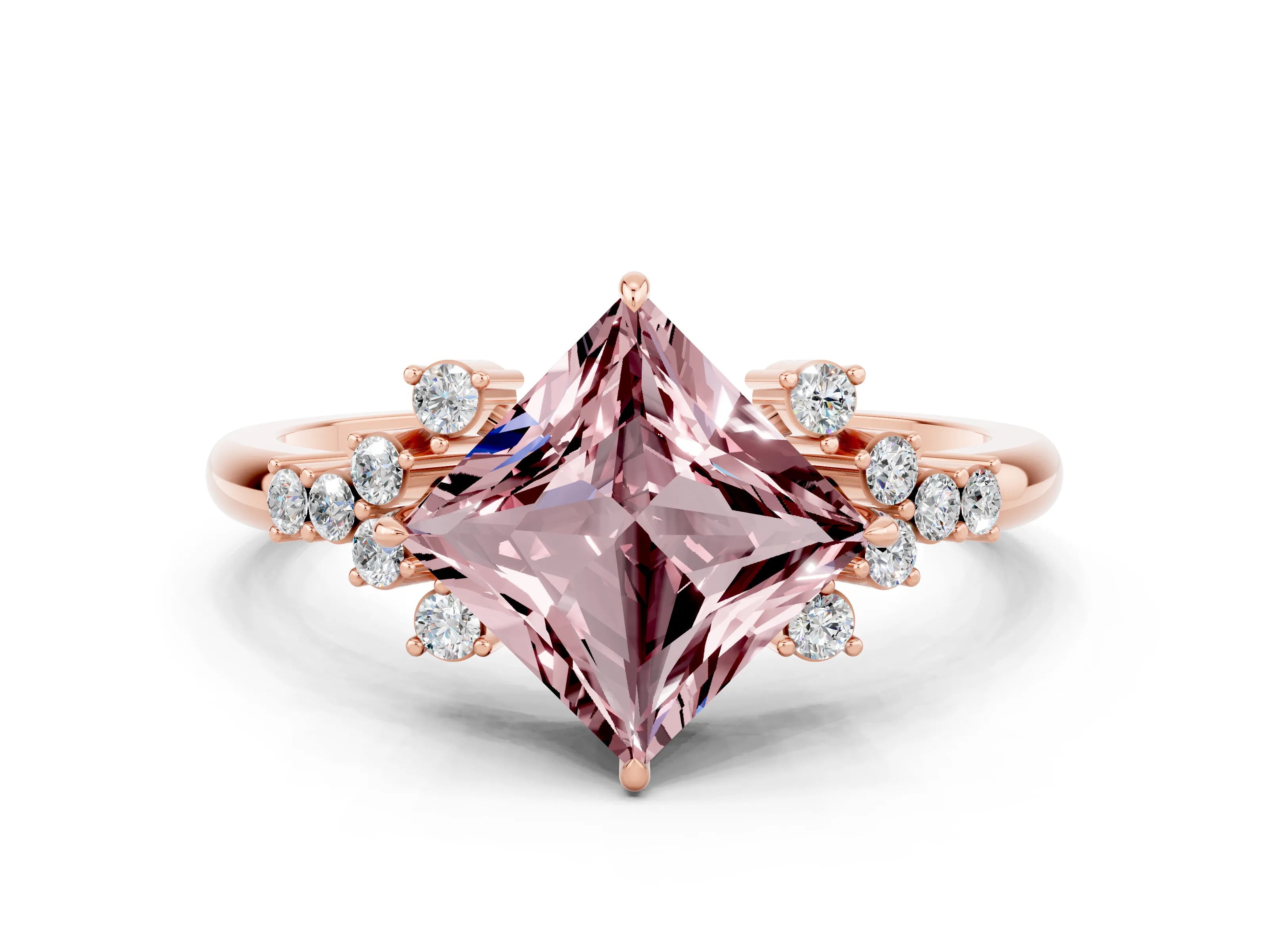 Rose gold Princess Cut Morganite Ring with Side Stones and Four-Prong Setting_36