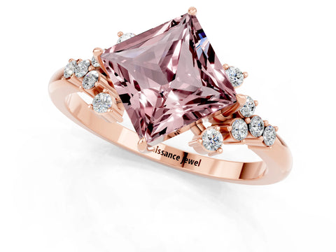 Rose gold Princess Cut Morganite Ring with Side Stones and Four-Prong Setting_37