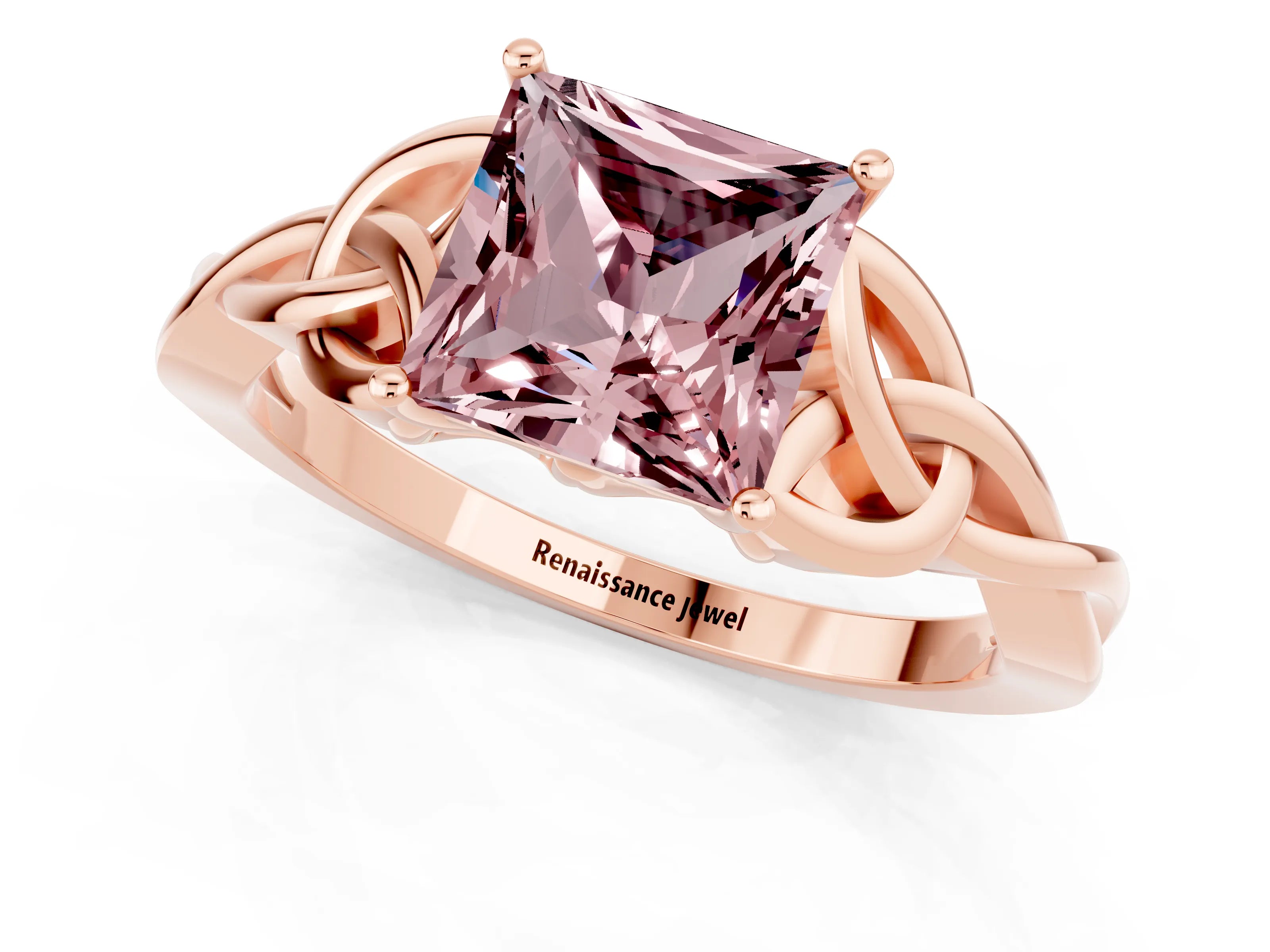 Rose gold Princess Cut Morganite Solitaire Engagement Ring with Celtic Knot Band and Four-Prong Setting_1
