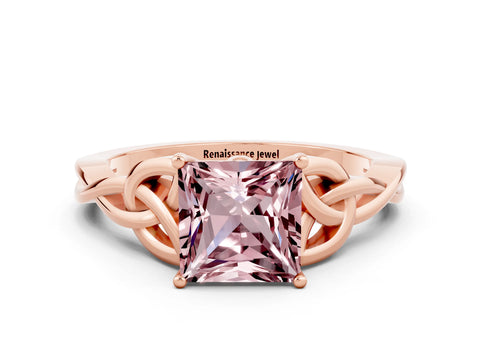 Rose gold Princess Cut Morganite Solitaire Engagement Ring with Celtic Knot Band and Four-Prong Setting