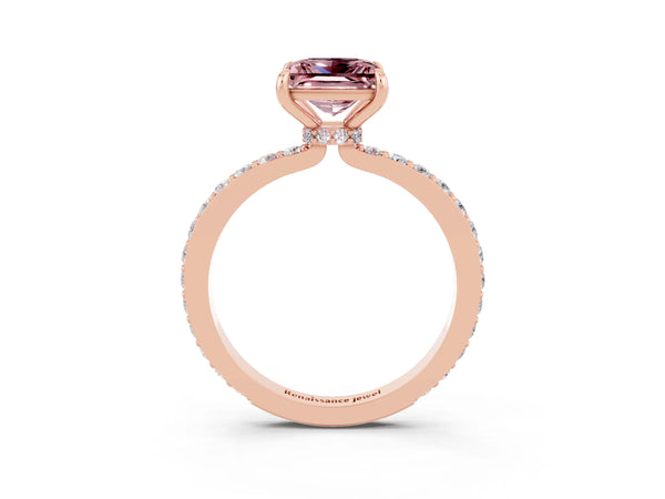 Rose gold Princess Cut Morganite Solitaire Engagement Ring with Pavé Band and Four-Prong Setting