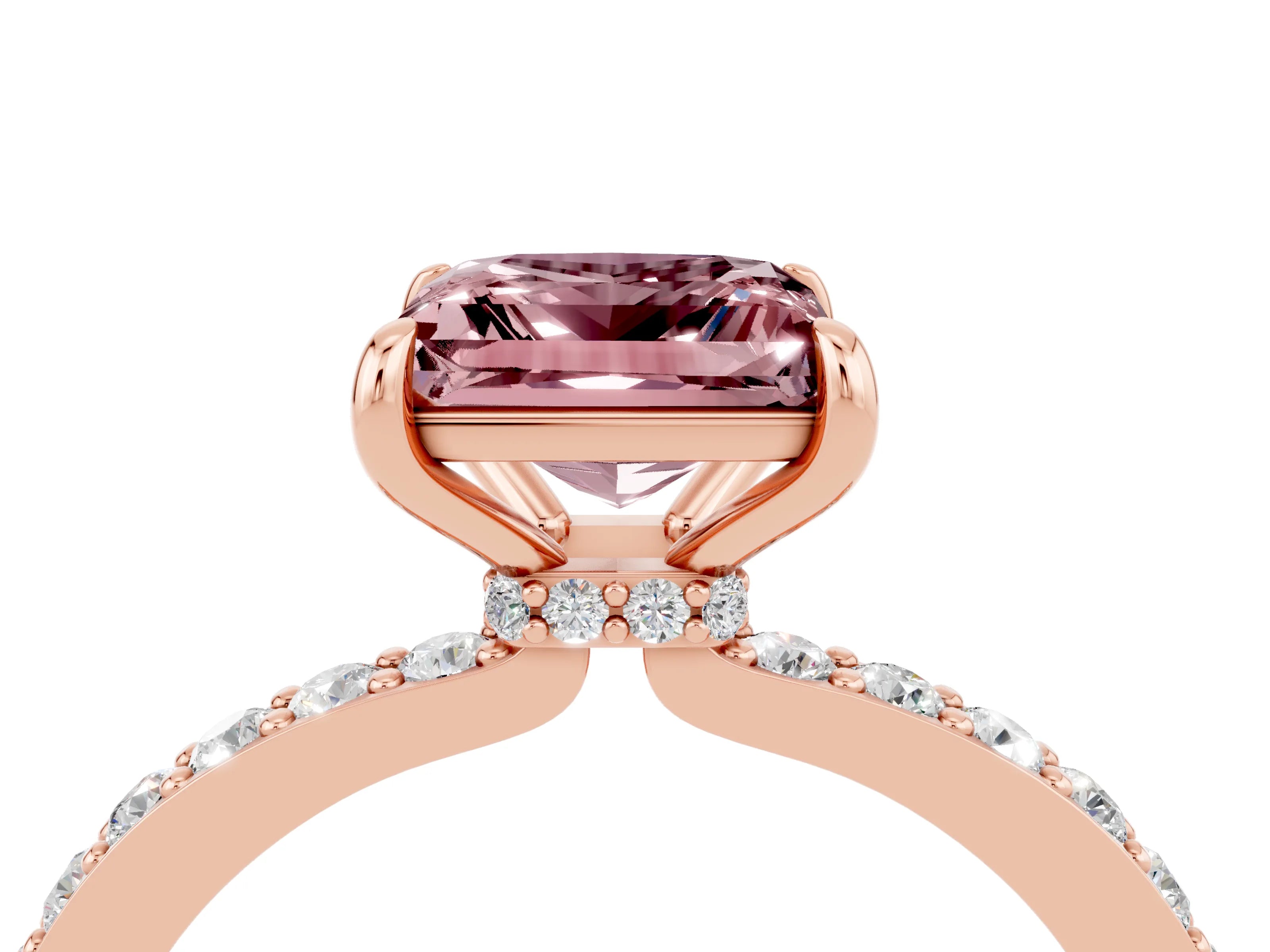 Rose gold Princess Cut Morganite Solitaire Engagement Ring with Pavé Band and Four-Prong Setting_4
