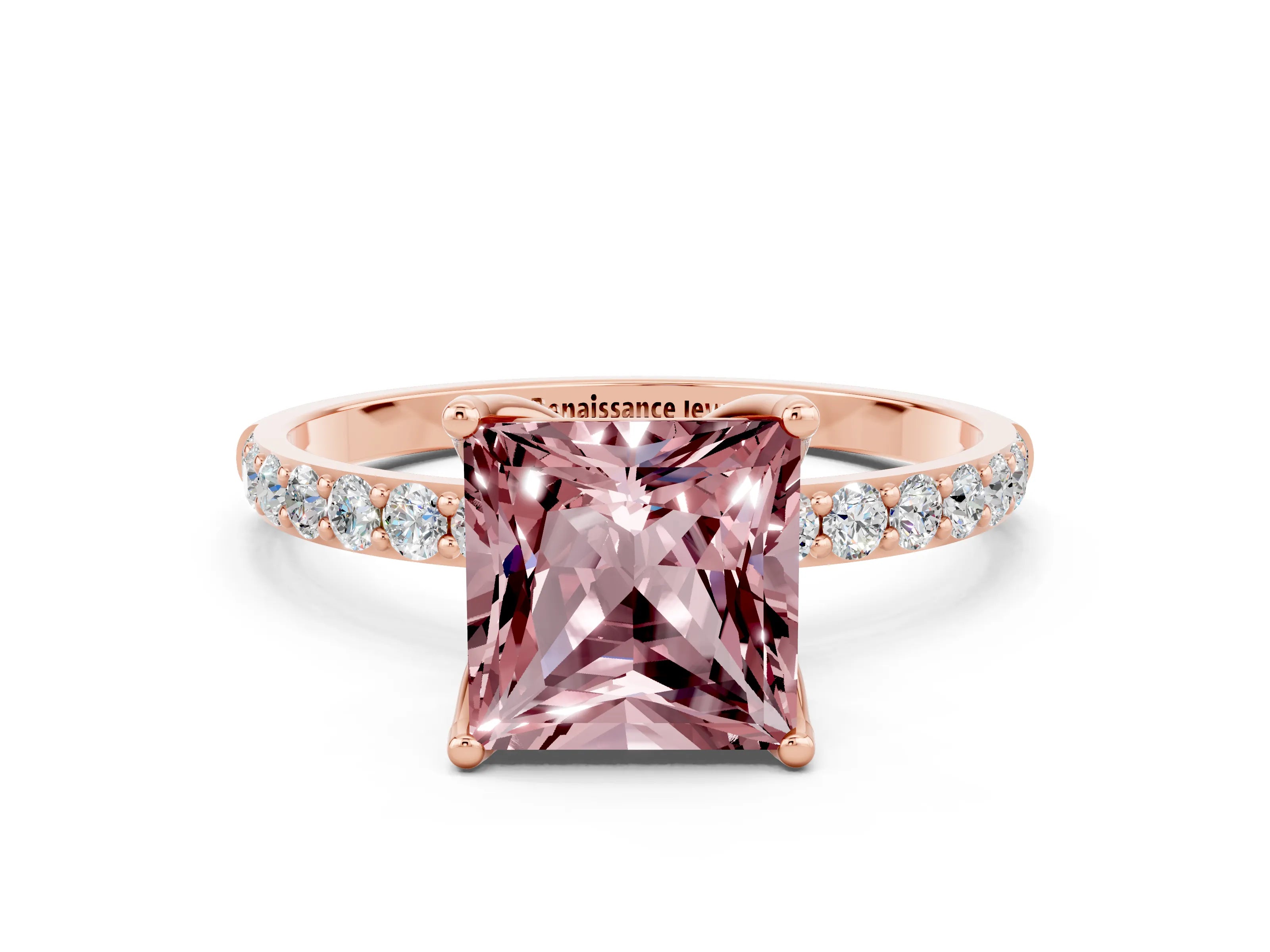Rose gold Princess Cut Morganite Solitaire Engagement Ring with Pavé Band and Prong Setting
