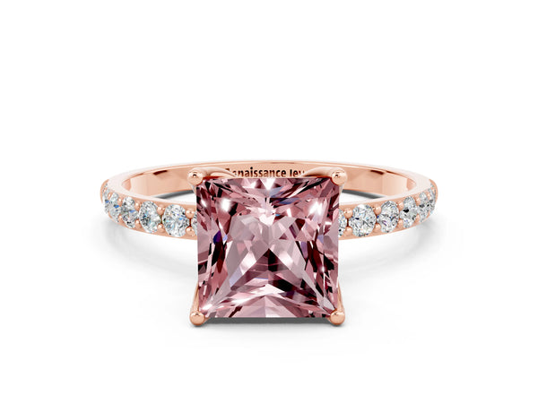 Rose gold Princess Cut Morganite Solitaire Engagement Ring with Round  Pavé Band and Prong Setting