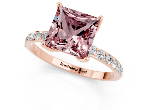 Rose gold Princess Cut Morganite Solitaire Engagement Ring with Pavé Band and Prong Setting_1