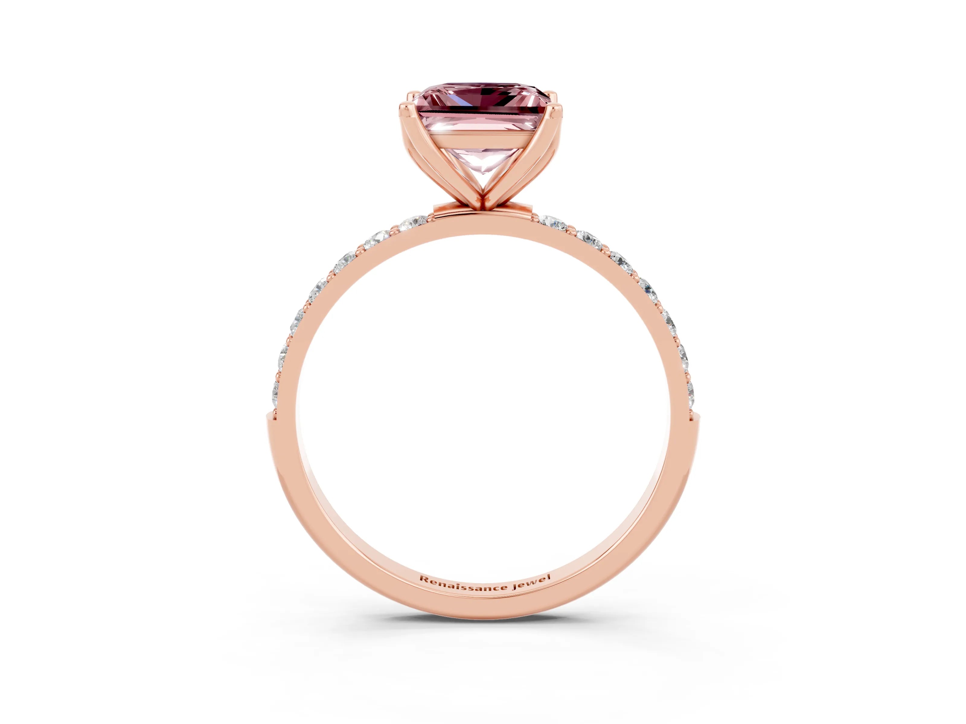 Rose gold Princess Cut Morganite Solitaire Engagement Ring with Pavé Band and Prong Setting_3