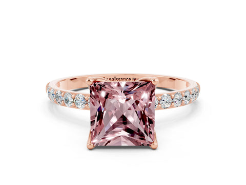 Rose gold Princess Cut Morganite Solitaire Engagement Ring with Pavé Band and Prong Setting