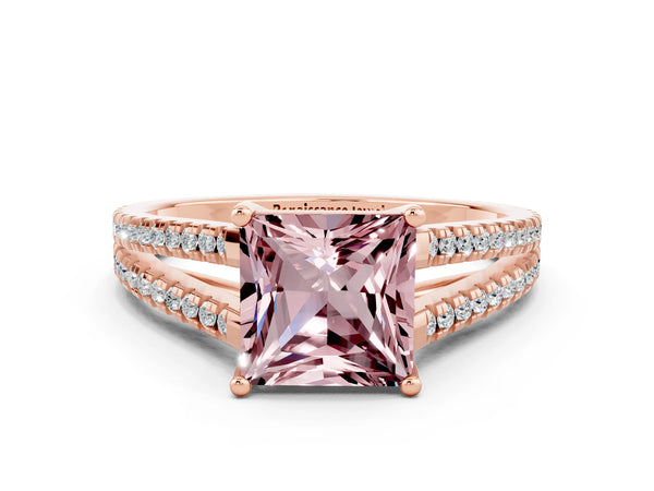 Rose gold Princess Cut Morganite Solitaire Engagement Ring with Split Shank Pavé Band