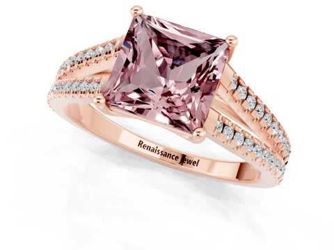 Rose gold Princess Cut Morganite Solitaire Engagement Ring with Split Shank Pavé Band_1