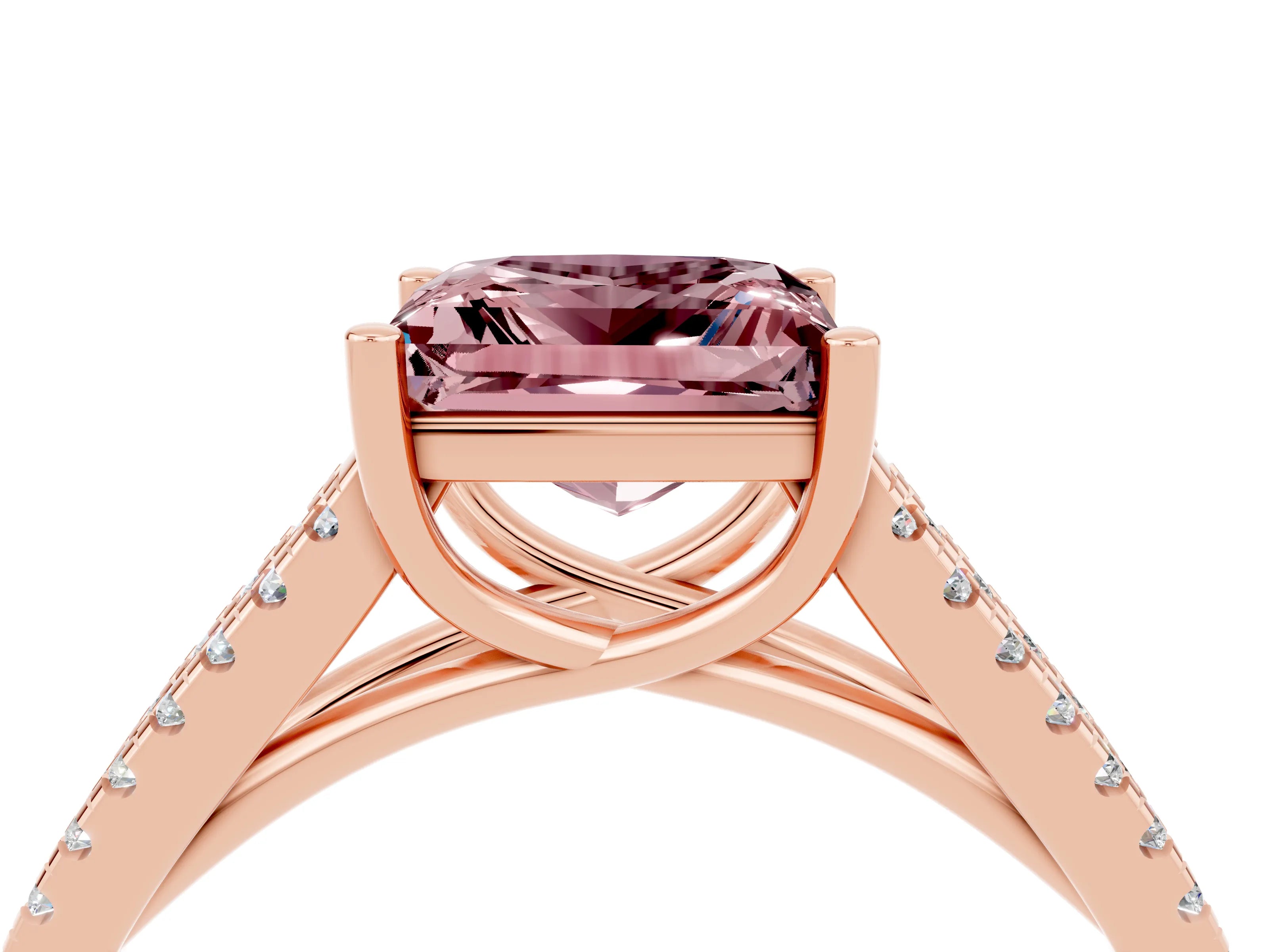 Rose gold Princess Cut Morganite Solitaire Engagement Ring with Split Shank Pavé Band_4