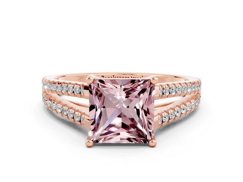 Rose gold Princess Cut Morganite Solitaire Engagement Ring with Split Shank Pavé Band