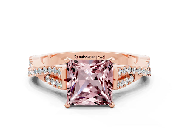 Rose gold Princess Cut Morganite Solitaire Engagement Ring with Twisted Pavé Band and Four-Prong Setting
