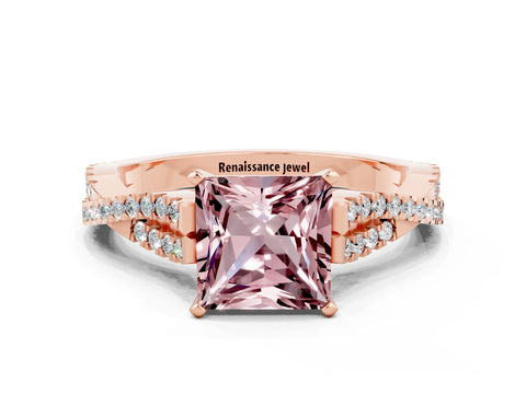 Rose gold Princess Cut Morganite Solitaire Engagement Ring with Twisted Pavé Band and Four-Prong Setting_12