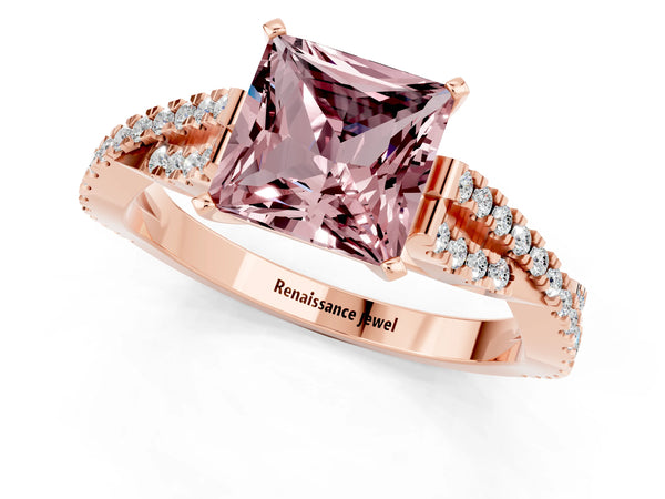 Rose gold Princess Cut Morganite Solitaire Engagement Ring with Twisted Pavé Band and Four-Prong Setting