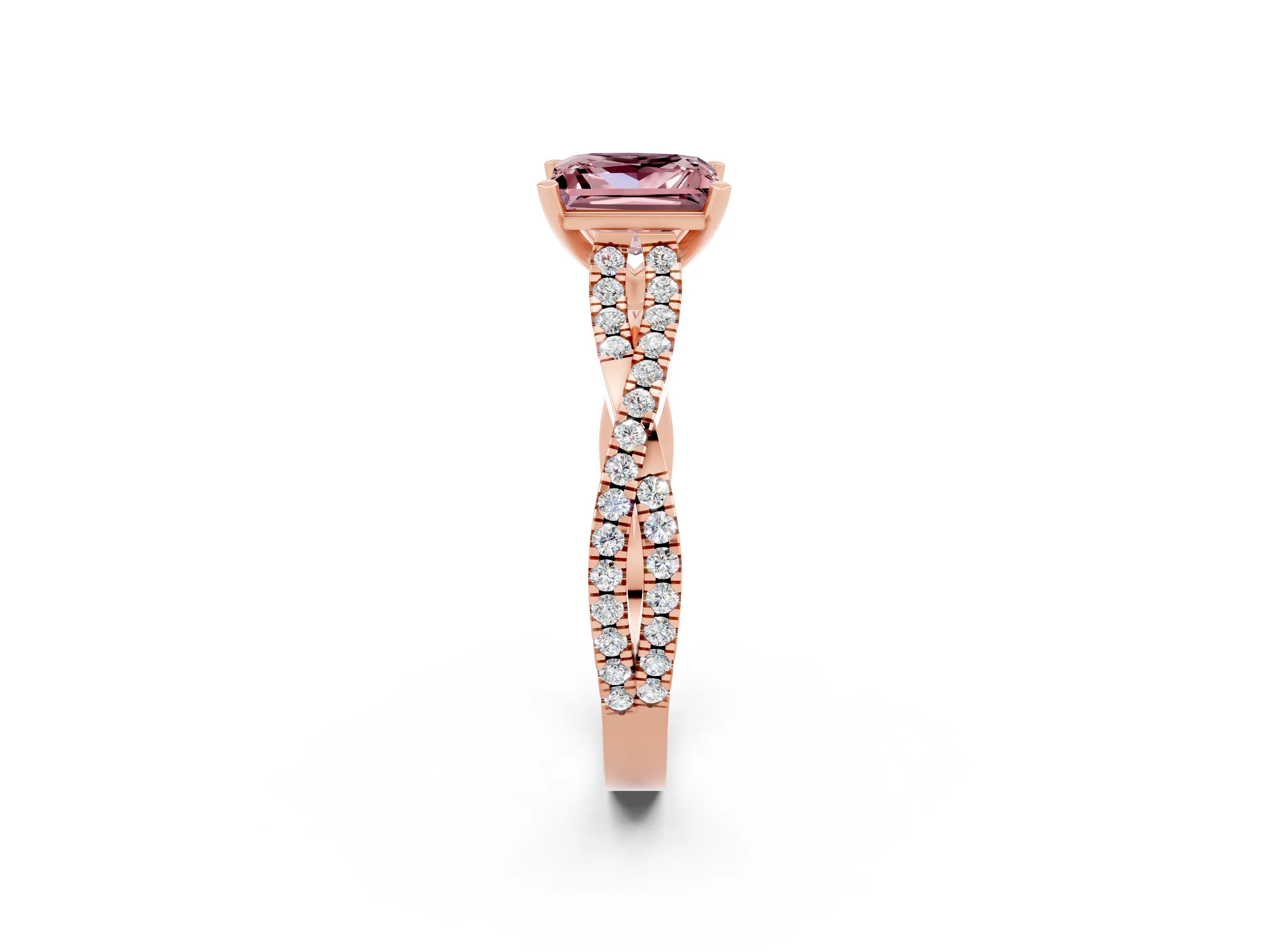 Rose gold Princess Cut Morganite Solitaire Engagement Ring with Twisted Pavé Band and Four-Prong Setting_14