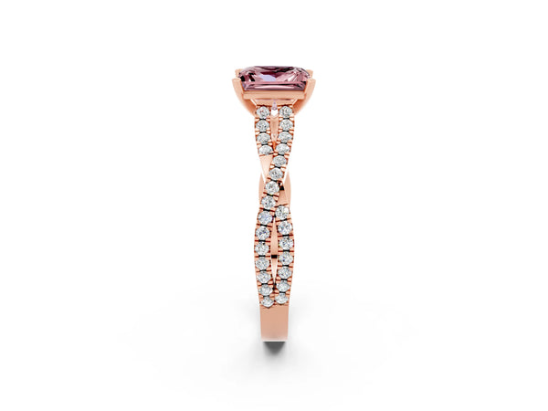 Rose gold Princess Cut Morganite Solitaire Engagement Ring with Twisted Pavé Band and Four-Prong Setting