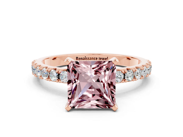 Rose gold Princess Cut Morganite Solitaire Pavé Band with Four-Prong Setting