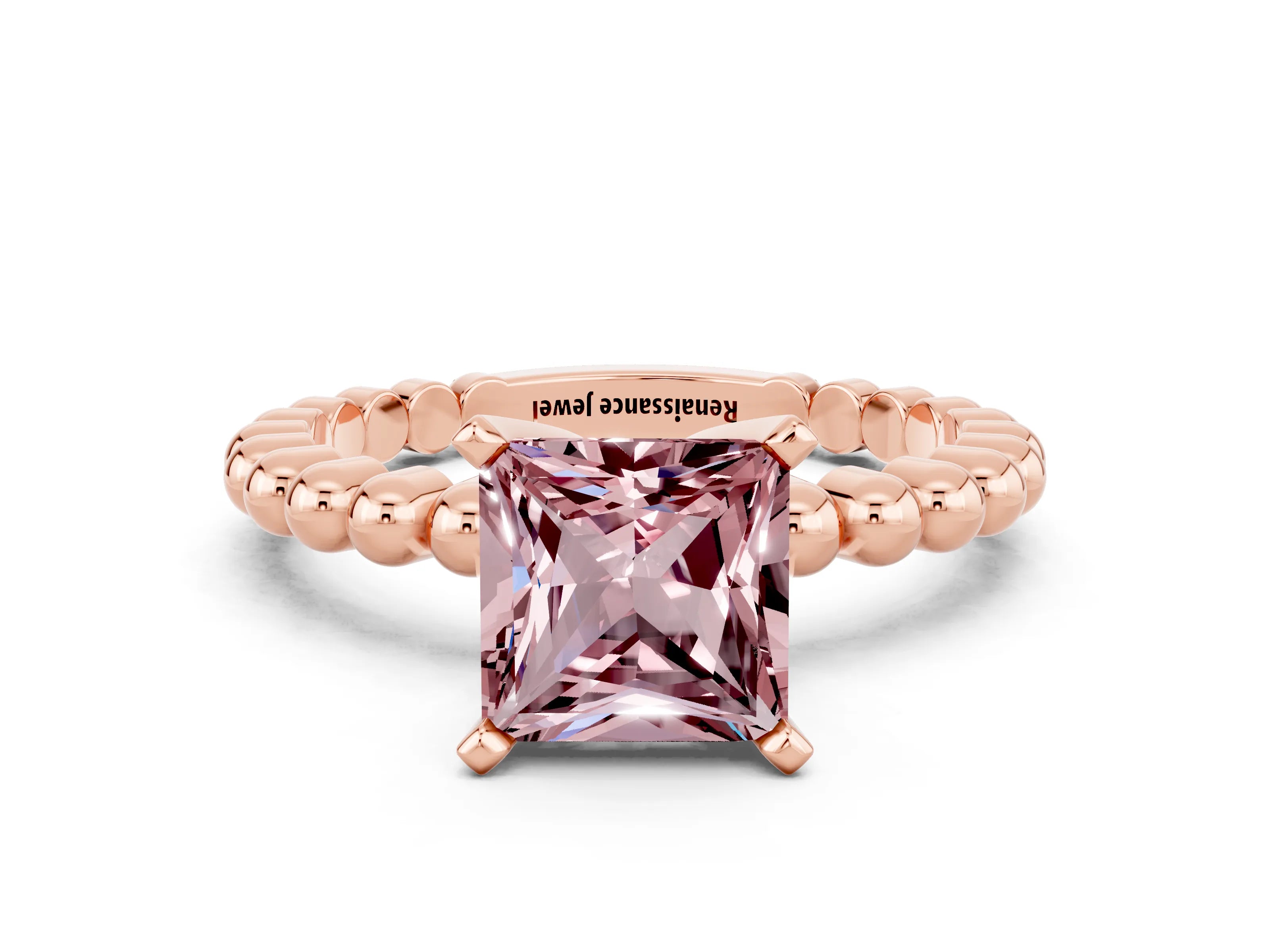 Rose gold Princess Cut Morganite Solitaire Ring with Beaded Band and Prong Setting