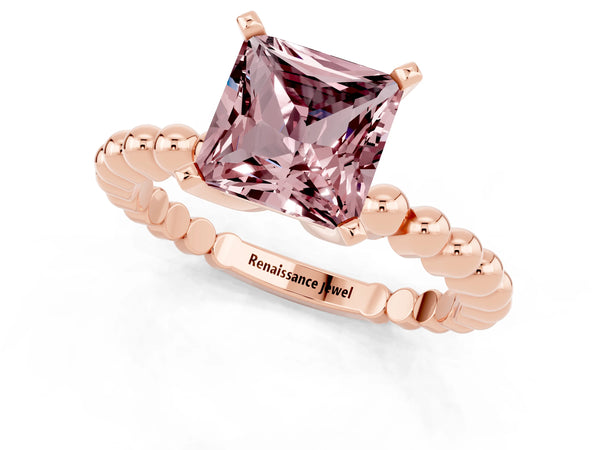 Rose gold Princess Cut Morganite Solitaire Ring with Beaded Band and Prong Setting