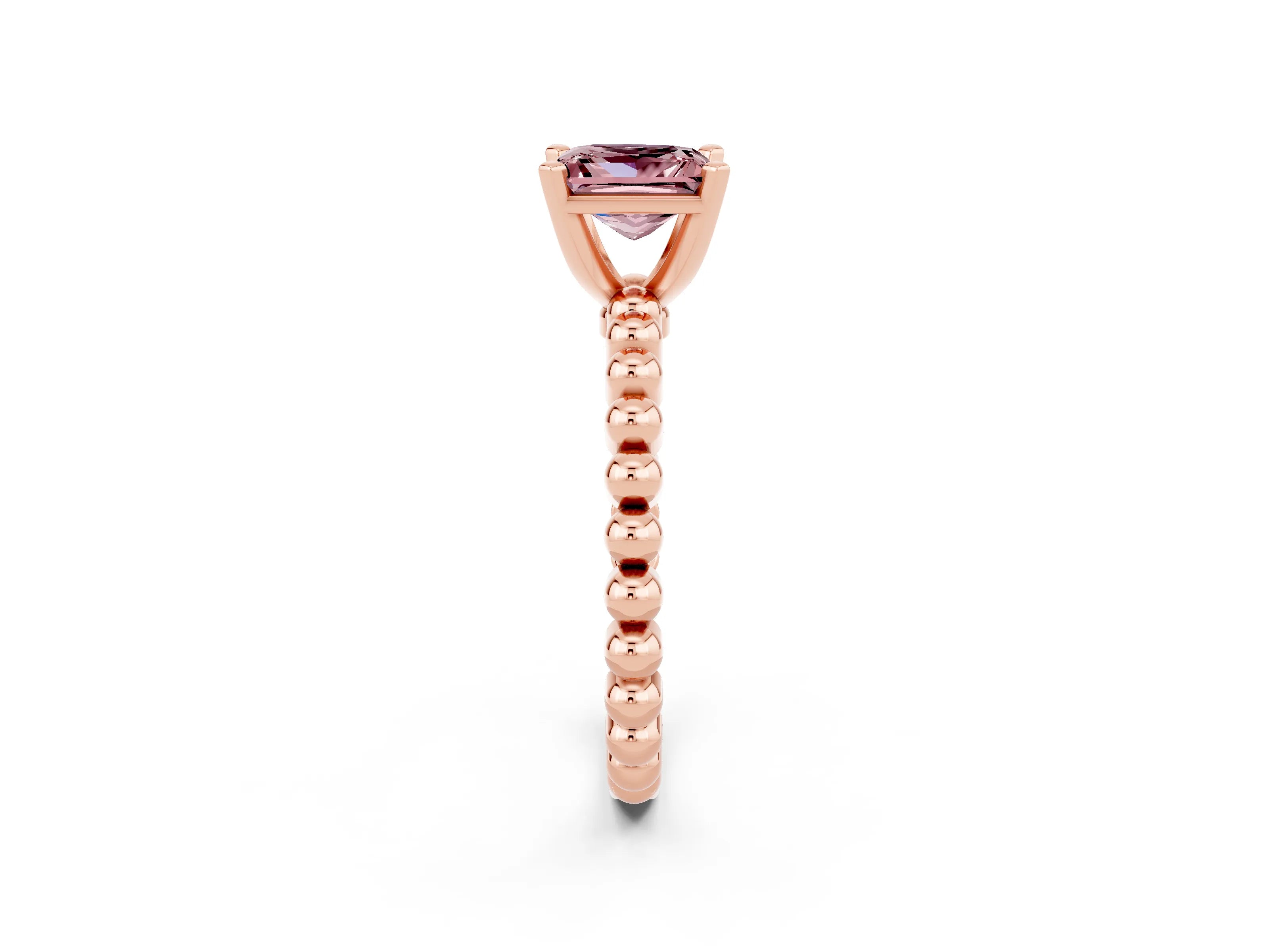Rose gold Princess Cut Morganite Solitaire Ring with Beaded Band and Prong Setting_2