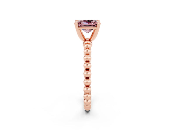 Rose gold Princess Cut Morganite Solitaire Ring with Beaded Band and Prong Setting
