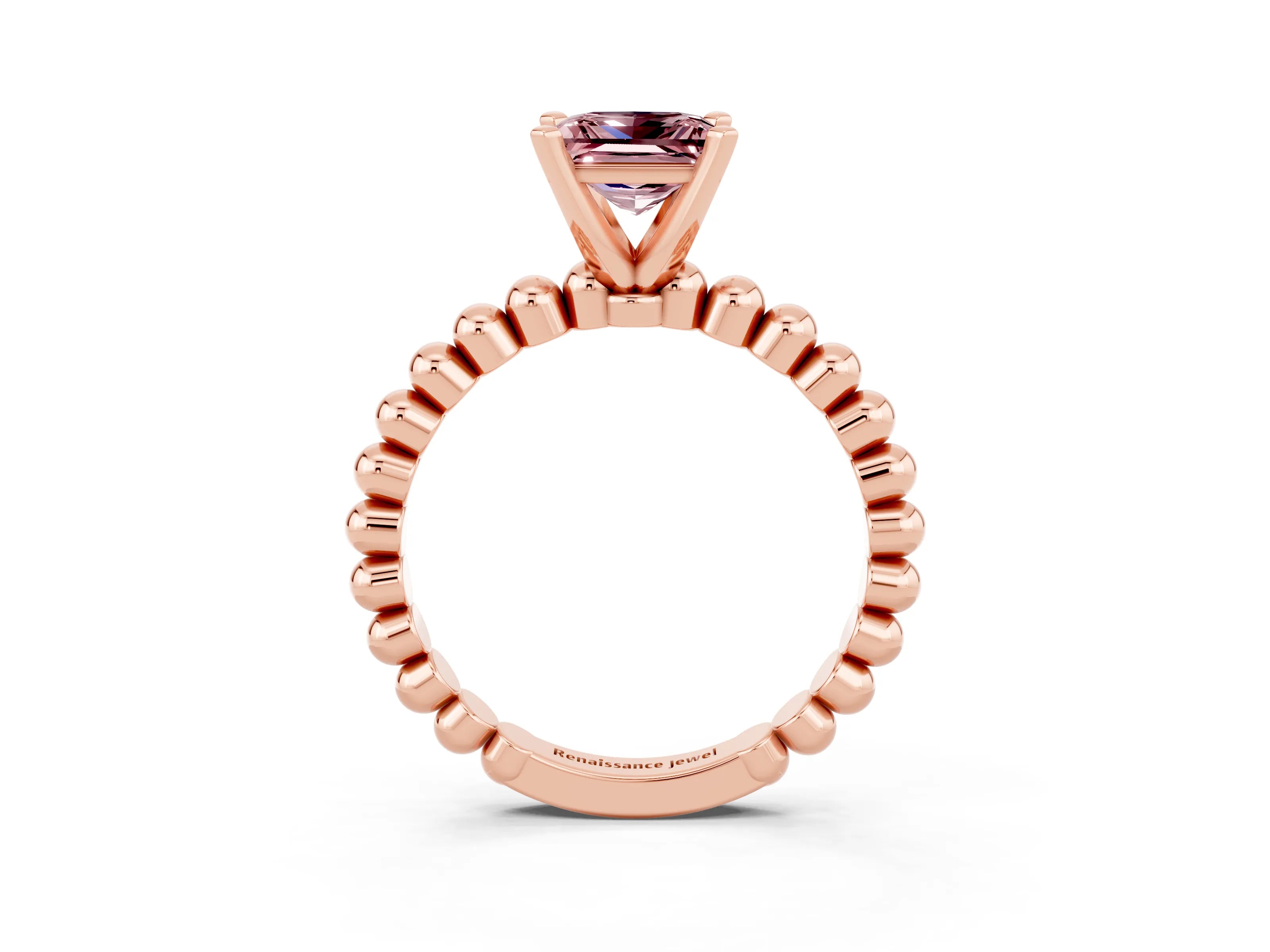 Rose gold Princess Cut Morganite Solitaire Ring with Beaded Band and Prong Setting_3