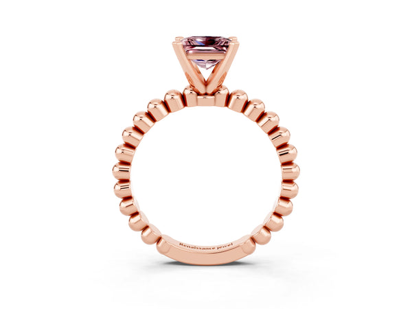 Rose gold Princess Cut Morganite Solitaire Ring with Beaded Band and Prong Setting