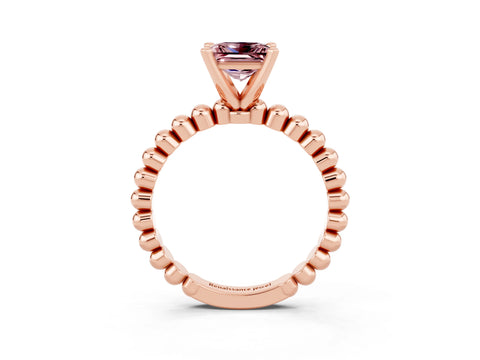Rose gold Princess Cut Morganite Solitaire Ring with Beaded Band and Prong Setting_3
