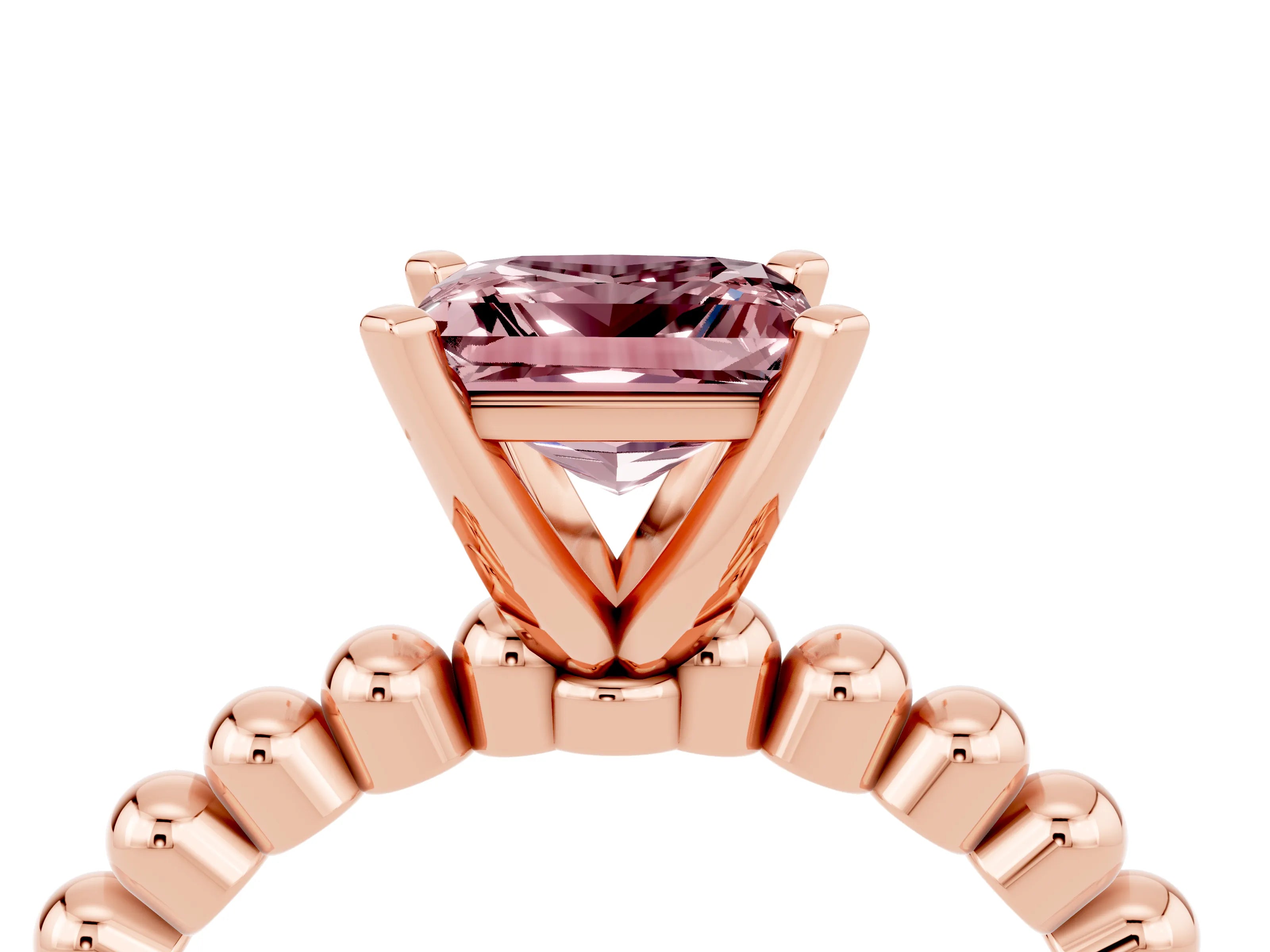 Rose gold Princess Cut Morganite Solitaire Ring with Beaded Band and Prong Setting_4