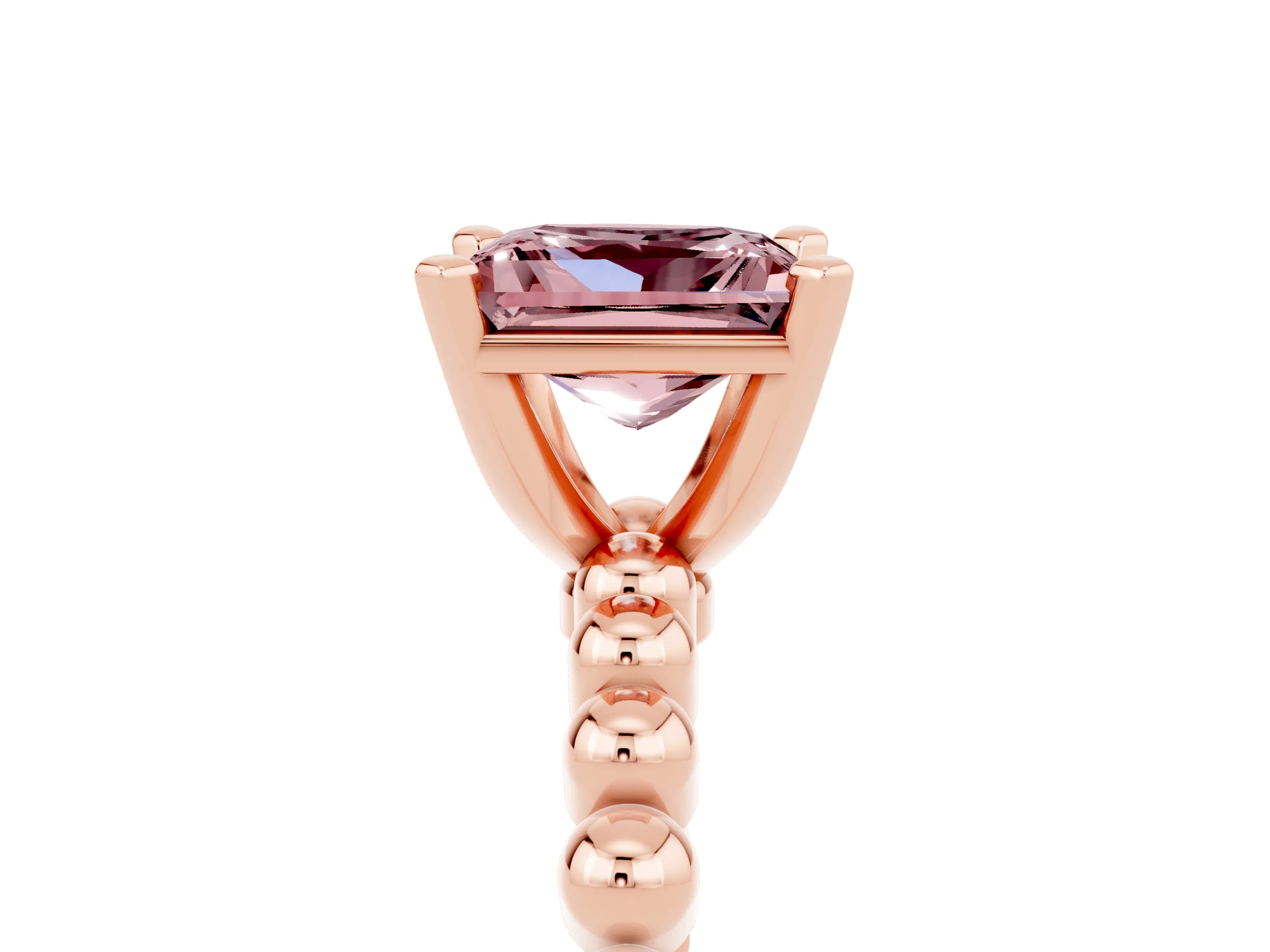 Rose gold Princess Cut Morganite Solitaire Ring with Beaded Band and Prong Setting_5