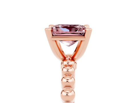 Rose gold Princess Cut Morganite Solitaire Ring with Beaded Band and Prong Setting_5