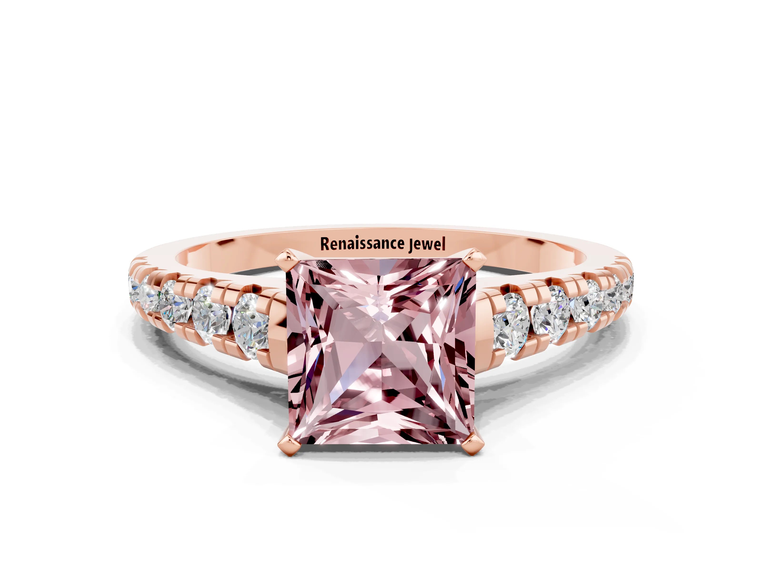 Rose gold Princess Cut Morganite Solitaire Ring with Cathedral Setting and Pavé Band