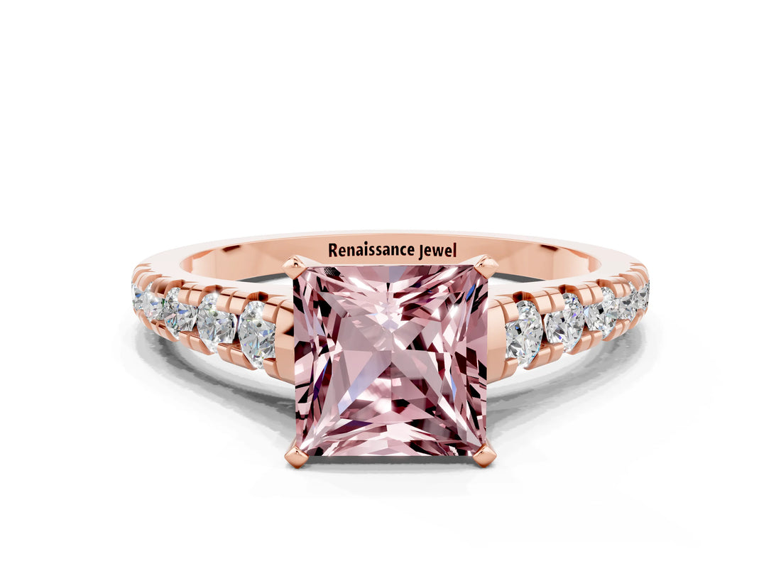 Rose gold Princess Cut Morganite Solitaire Ring with Cathedral Setting and Pavé Band