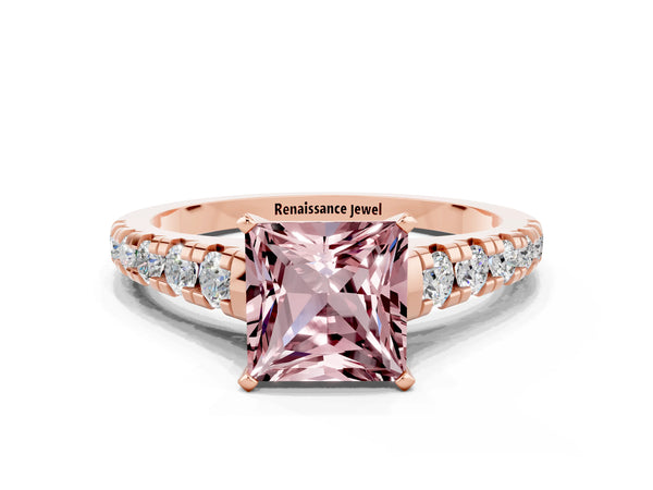Rose gold Princess Cut Morganite Cathedral Solitaire Ring with Round  Pavé Band