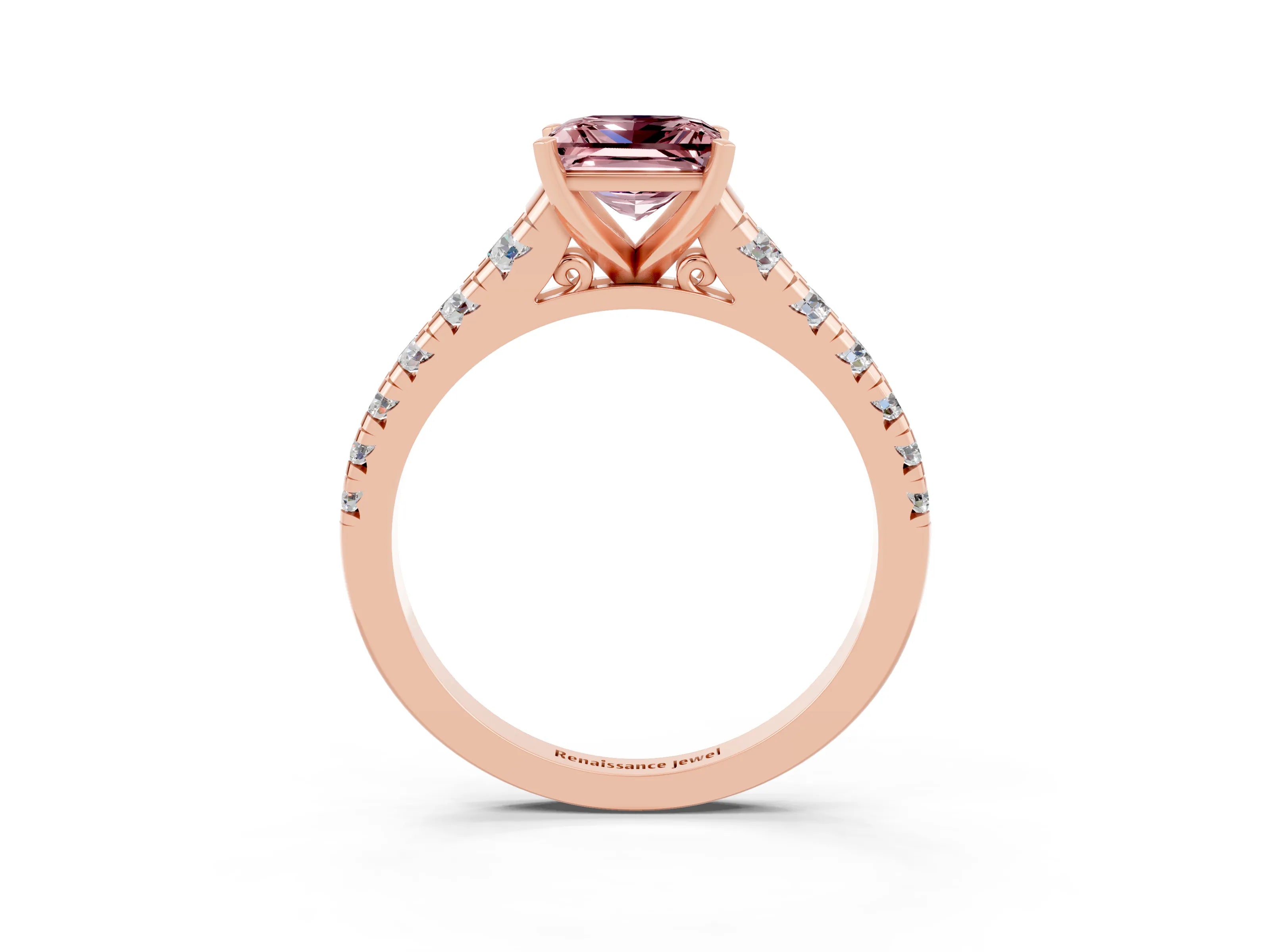 Rose gold Princess Cut Morganite Solitaire Ring with Cathedral Setting and Pavé Band_3