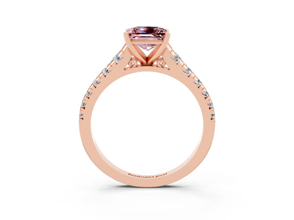 Rose gold Princess Cut Morganite Cathedral Solitaire Ring with Round  Pavé Band