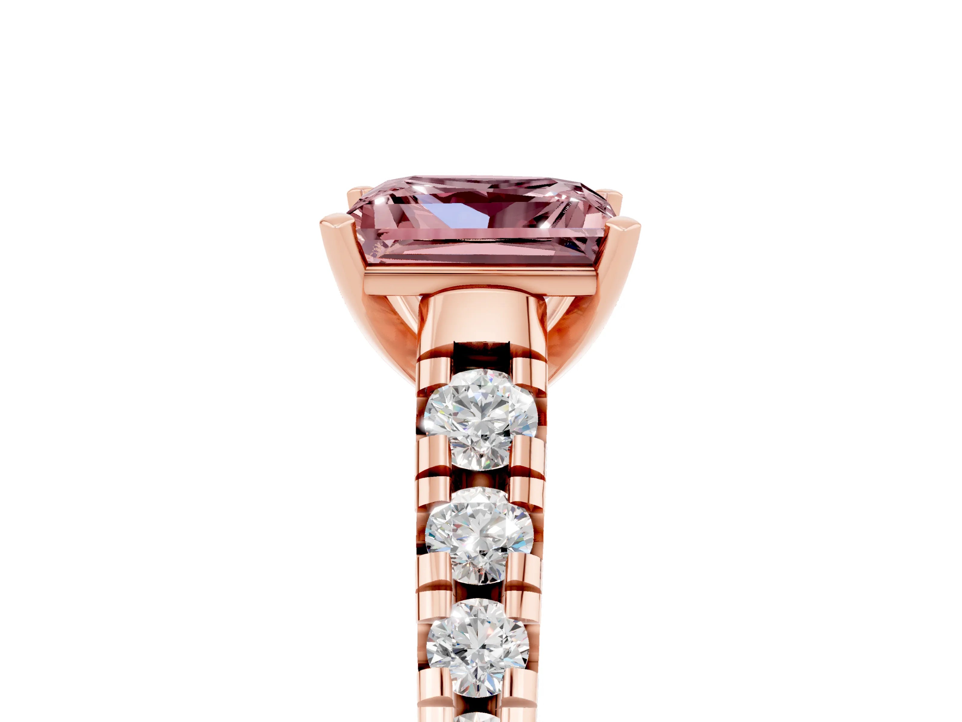 Rose gold Princess Cut Morganite Solitaire Ring with Cathedral Setting and Pavé Band_5