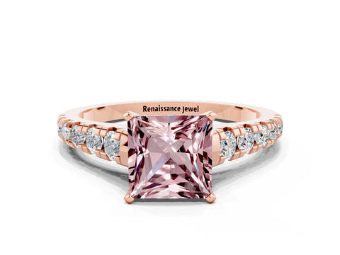 Rose gold Princess Cut Morganite Solitaire Ring with Cathedral Setting and Pavé Band