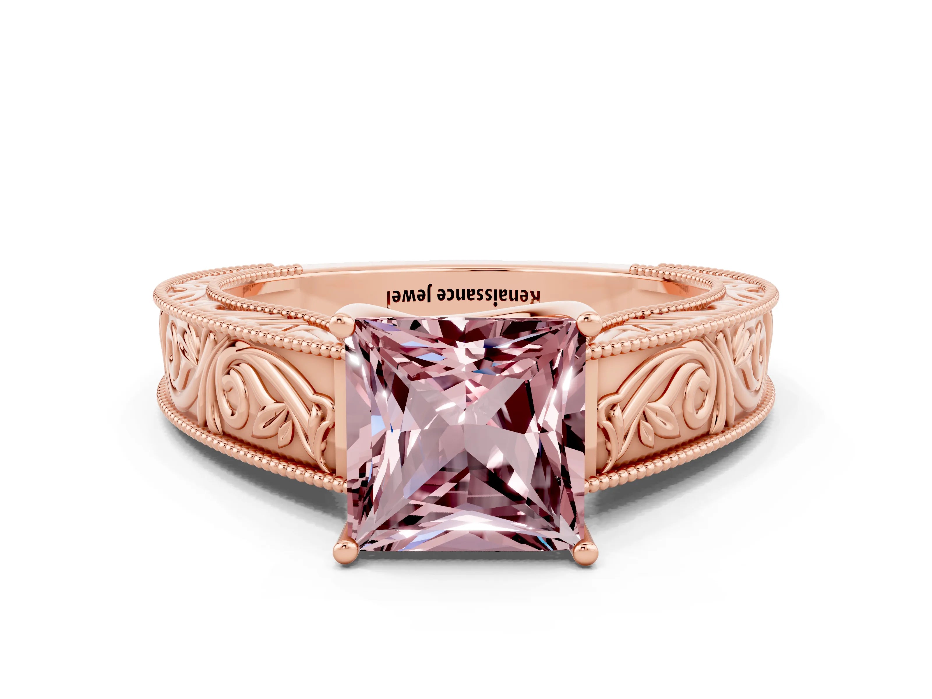 Rose gold Princess Cut Morganite Solitaire Ring with Engraved Band and Four-Prong Setting